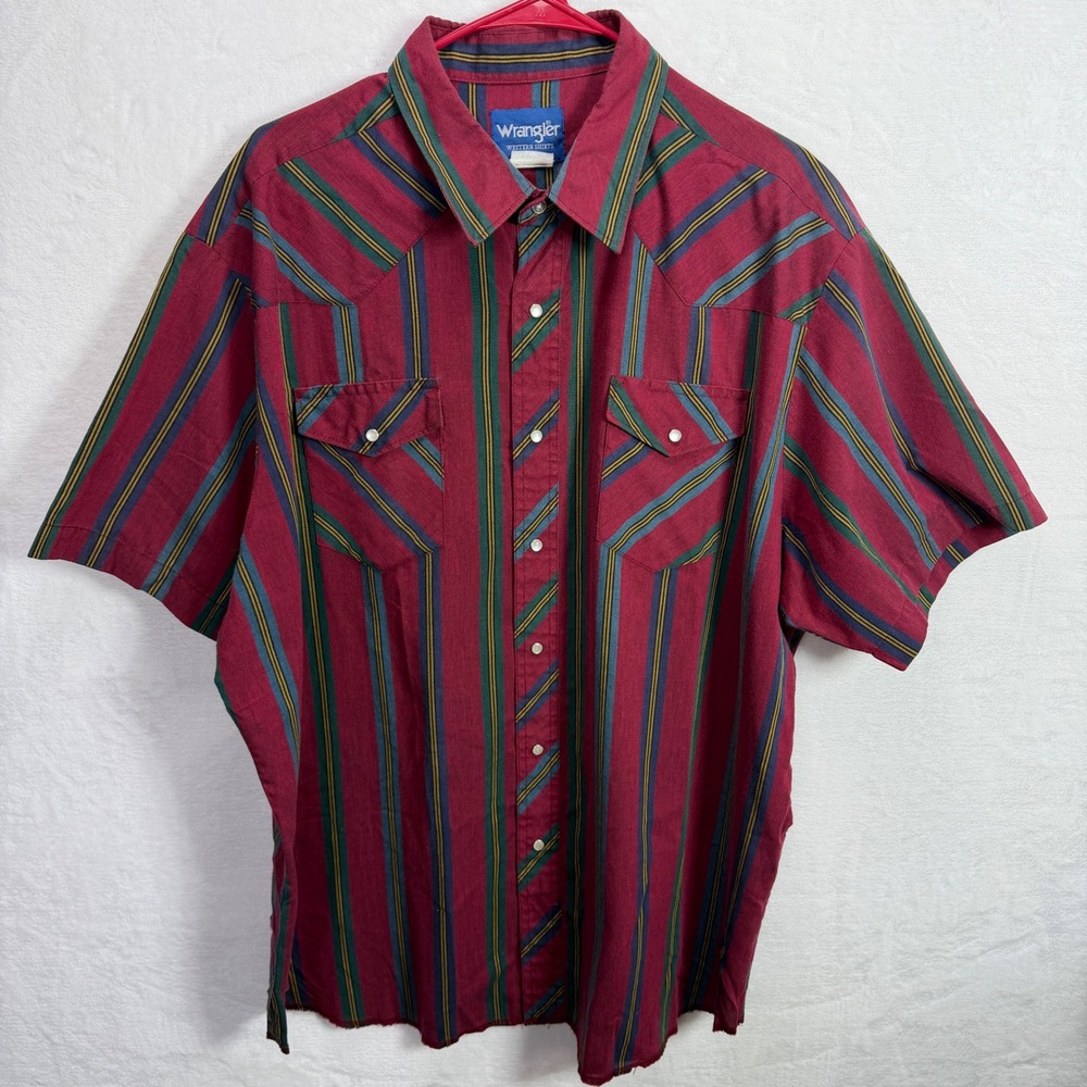 VTG Wrangler‎ Mens XXL 2XL Stripe Pearl Snap Shirt Short Sleeve Burgundy Green